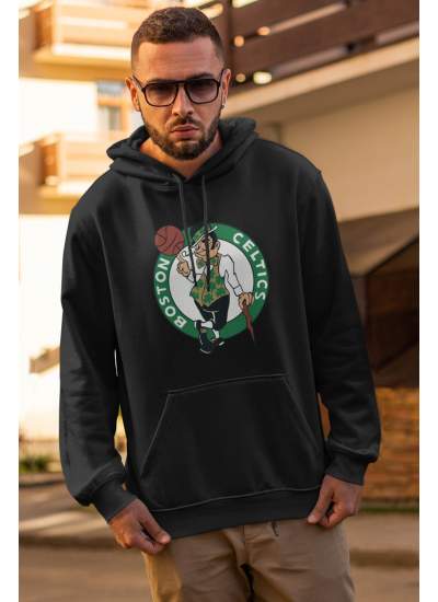 Boston Logo NBA Siyah Erkek Kapşonlu Sweatshirt - Hoodie