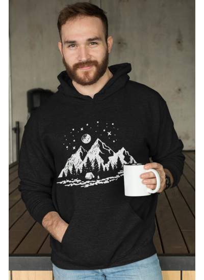 Camping Siyah Erkek Kapşonlu Sweatshirt - Hoodie