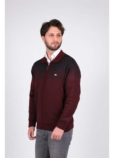 Çizgi Triko Erkek Battal Boy Polo Yaka Astarlı Triko Mont Fermuarlı Desenli 3XL - 4XL - 5XL - Bordo