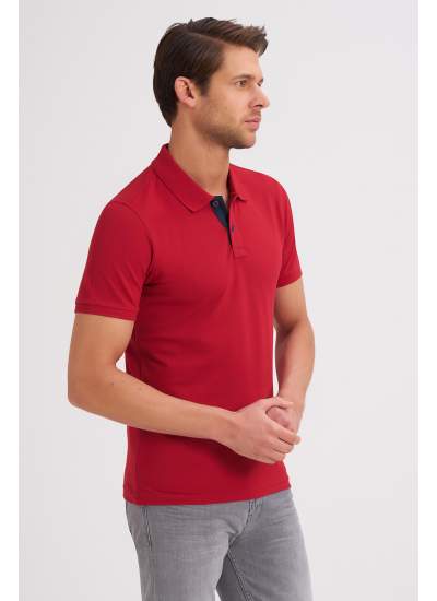 Çizgi Triko Erkek Slim Fit Polo Yaka Tişört Desenli Kolu Lastikli Kumaş %100 Pamuk - Kırmızı