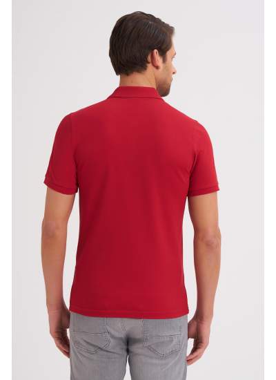 Çizgi Triko Erkek Slim Fit Polo Yaka Tişört Desenli Kolu Lastikli Kumaş %100 Pamuk - Kırmızı