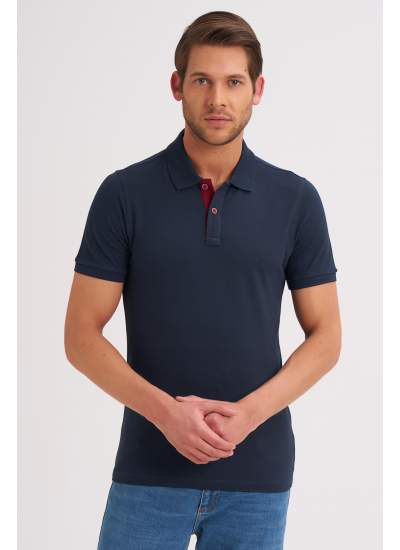 Çizgi Triko Erkek Slim Fit Polo Yaka Tişört Desenli Kolu Lastikli Kumaş %100 Pamuk - Lacivert