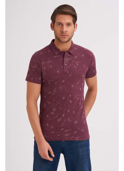 Çizgi Triko Erkek Slim Fit Polo Yaka Tişört Desenli Kolu Lastikli Kumaş %100 Pamuk - Mürdüm