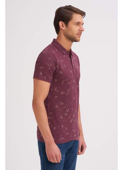 Çizgi Triko Erkek Slim Fit Polo Yaka Tişört Desenli Kolu Lastikli Kumaş %100 Pamuk - Mürdüm