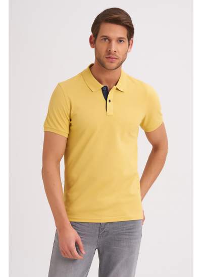 Çizgi Triko Erkek Slim Fit Polo Yaka Tişört Desenli Kolu Lastikli Kumaş %100 Pamuk - Sarı