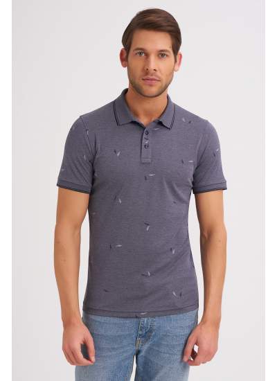 Çizgi Triko Erkek Slim Fit Polo Yaka Tişört Desenli Kolu Lastikli - Lacivert