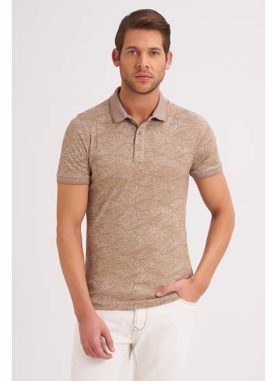 Çizgi Triko Erkek Slim Fit Polo Yaka Tişört Kolu Lastikli Desenli Günlük - Bej