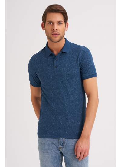 Çizgi Triko Erkek Slim Fit Polo Yaka Tişört Kolu Lastikli Kumaş %100 Pamuk - İndigo