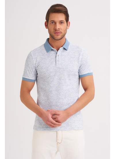 Çizgi Triko Erkek Tişört Slim Fit Polo Yaka Desenli Kolu Lastikli %100 Pamuk Kumaş - Beyaz