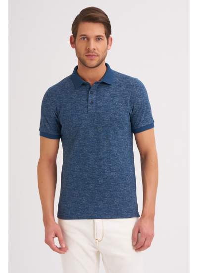 Çizgi Triko Erkek Tişört Slim Fit Polo Yaka Desenli Kolu Lastikli %100 Pamuk Kumaş - Marin