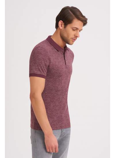 Çizgi Triko Erkek Tişört Slim Fit Polo Yaka Desenli Kolu Lastikli %100 Pamuk Kumaş - Mürdüm