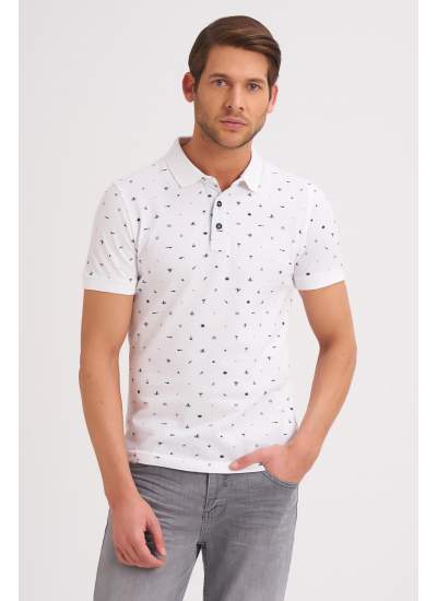 Çizgi Triko Erkek Tişört Slim Fit Polo Yaka Kolu Lastikli Desenli %100 Pamuk Kumaş - Beyaz